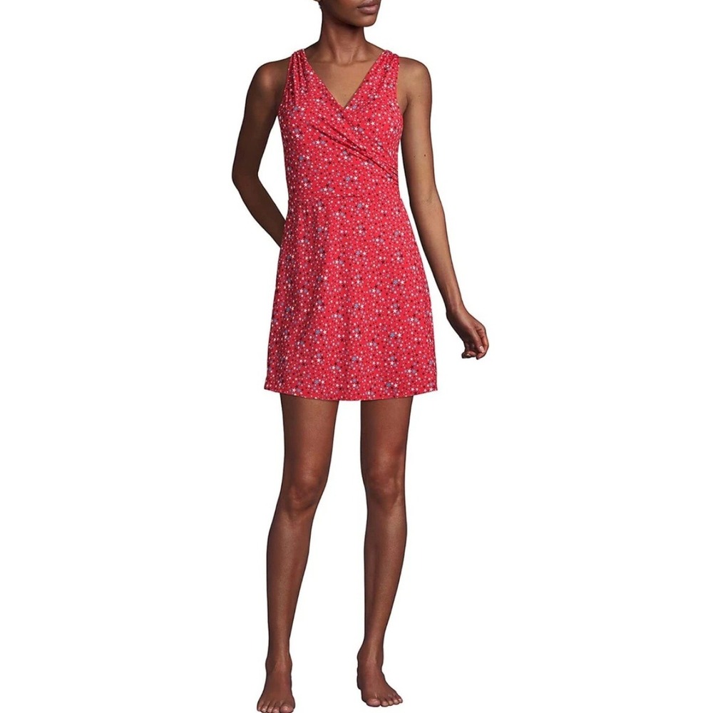 Lands' End Red Star Print Swim Dress Surplice V-Neck One Piece Swimsuit Size 4